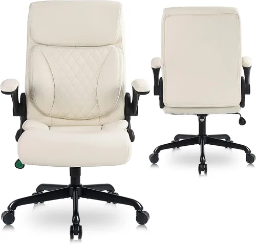 Miniatura 8 de Youhauchair Silla de oficina ejecutiva, silla ergonómica de piel sintética para computadora con soporte lumbar, reposabrazos abatibles y altura Beige