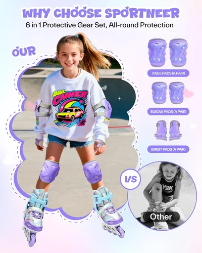 Miniatura 3 de Sportneer Patines en línea ajustables de 4 tamaños para niñas, patines en línea para niños, talla 12C-9 con ruedas iluminadas, patín
