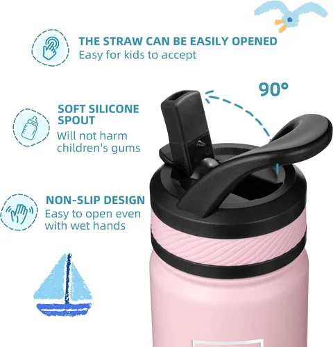 Miniatura 4 de Fanhaw Botella de Agua Aislada para Niños de 18 Oz con Tapa de Pajita – Acero Inoxidable de Doble Pared al Vacío, A Prueba de Fugas, Botellas