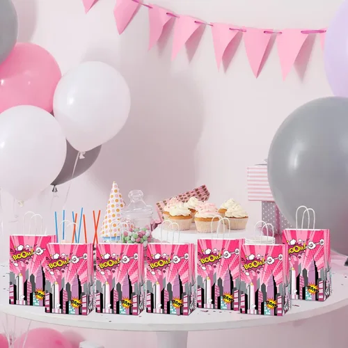 Miniatura 5 de gisgfim 12 piezas de bolsas de suministros para fiesta temática de Super Girl, bolsas de papel para golosinas y tratamientos de cumpleaños