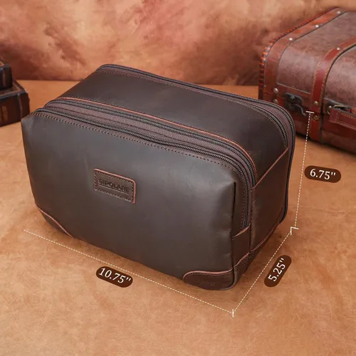 Miniatura 3 de Polare - Neceser de viaje de cuero de grano completo, kit de aseo Dopp, estuche de viaje grande para cosméticos, kit de afeitado con cremalleras YKK