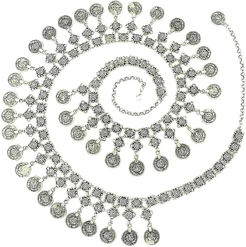 TianBo Colgante vintage de plata antigua con borlas de color plateado para danza del vientre, cadena de cintura, cadena turca para mujer, talla