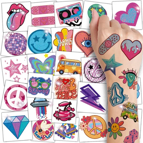 CHARLENT Tatuajes temporales con purpurina Groovy de los años 70 para niños, 74 hojas individuales con purpurina retro Flower Power, decoración