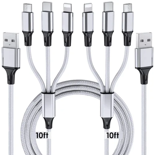 Puxnoin Cable de carga múltiple, paquete de 2 cables de carga multiteléfono de 10 pies, trenzado, universal, 3 en 1, cable de carga extra largo