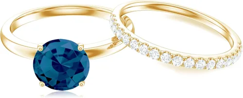 Juego de anillos de boda solitario de topacio azul Londres de 2 quilates con moissanita, topacio y moissanita, juego de anillos de novia de topacio