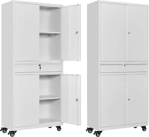 Miniatura 20 de Gabinete de almacenamiento de metal para garaje, armario de almacenamiento con cerradura de 71 pulgadas con 2 estantes ajustables y 1 cajón