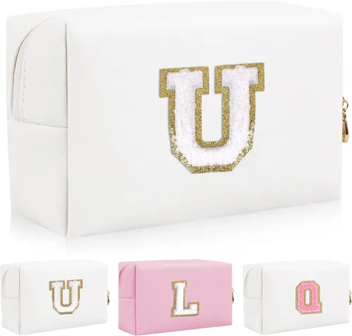 Miniatura 8 de Bolsa de maquillaje con parche de letra inicial personalizada, bolsa de cosméticos de chenilla preppy con letra de chenilla con cremallera, Y