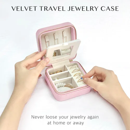 Miniatura 88 de BLUTETE Joyero de viaje organizador de terciopelo con anillos de espejo, aretes, collares, caja organizadora de almacenamiento (negro)