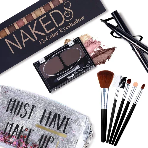 Kit de maquillaje todo en uno, paleta de 12 colores de sombras de ojos desnudas brillantes, lápiz delineador de ojos negro resistente al agua, kit