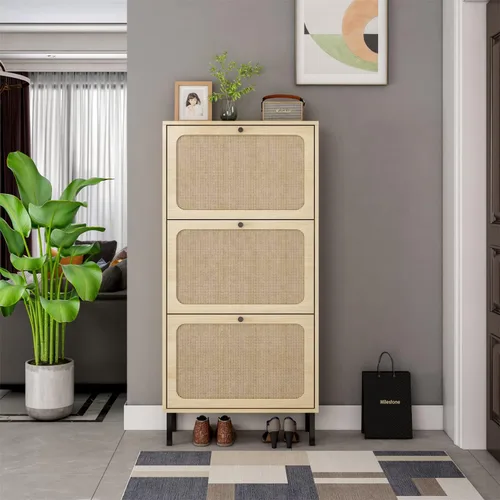 Miniatura 2 de Pvillez Cabina de zapatos de ratán natural, armario de zapatos con 3 cajones abatibles para entrada, moderno armario de almacenamiento independiente