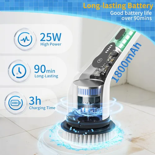 Miniatura 4 de Limpiador eléctrico giratorio, cepillo de limpieza para el hogar con 90 minutos de funcionamiento y 8 cabezales y 2 modos, limpiador eléctrico