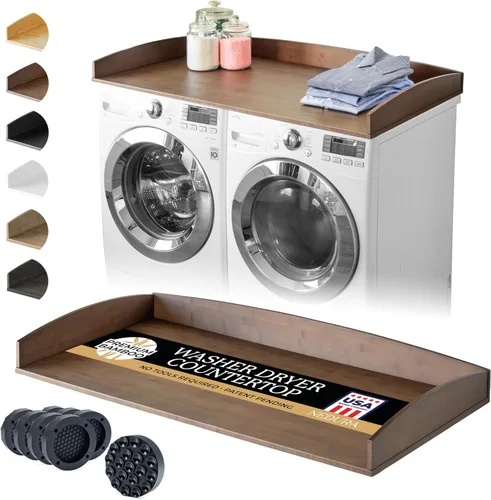 Miniatura 10 de Nedura Encimera de Lavadora y Secadora para Lavadora con Almohadillas Antivibración y Rieles de Borde Curvo, Encimera de Lavandería de Bambú, Bambú