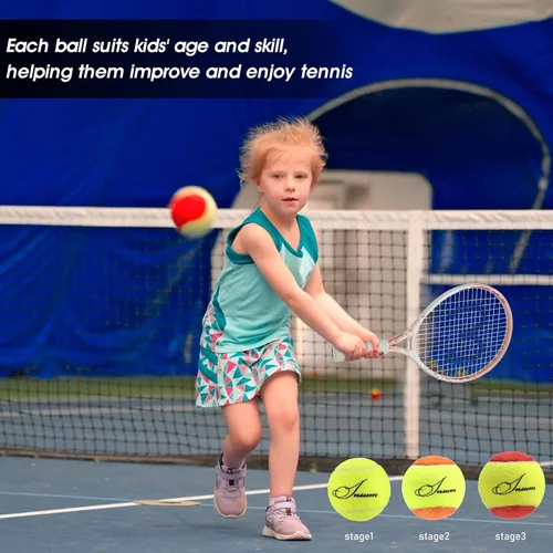 Miniatura 5 de insum Pelotas de tenis para niños jóvenes de fieltro para adolescentes principiantes, rojo, naranja, verde, 25%, 50%, 75% velocidad más lenta Baja