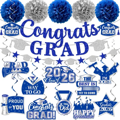 Miniatura 11 de Decoraciones de graduación 2026, pancarta de felicitaciones con purpurina, espirales colgantes y pompones de tela, decoraciones de graduación negras