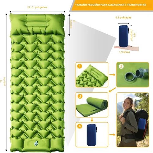 Miniatura 5 de Almohadilla de dormir para camping Oramoose, colchón inflable ultraligero de 4 pulgadas de grosor con almohada, almohadilla de dormir con bomba
