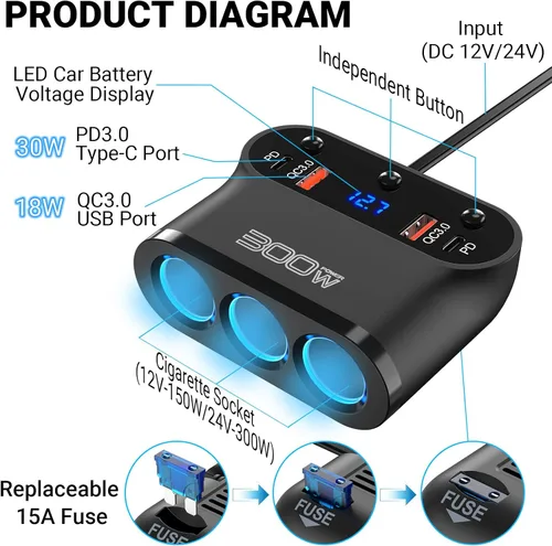 Miniatura 2 de Adaptador divisor de encendedor de cigarrillos de 300 W: divisor de coche de 12 V de 3 zócalos Extensión de cargador de coche Dual PD USB C y 18 W