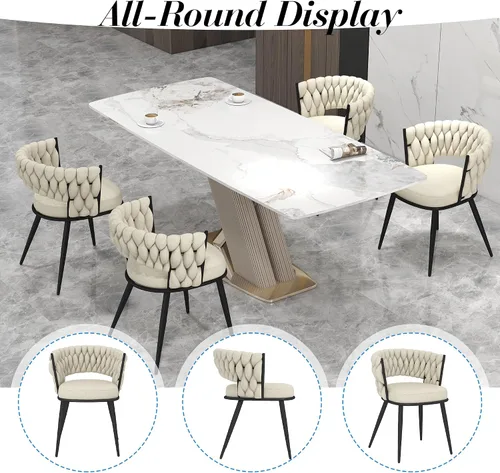 Miniatura 8 de Juego de 2 sillas de comedor tejidas, modernas sillas de comedor tejidas a mano con patas de metal negro, sillas tapizadas con marco negro