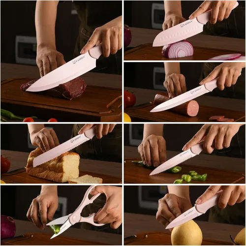 Miniatura 5 de Juego de cuchillos de cocina con protectores, juego de cuchillos antiadherentes de color rosa en caja, antioxidante y apto para lavavajillas, 6