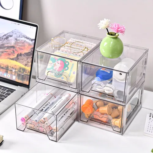 Miniatura 2 de Juego de 4 cajones organizadores de maquillaje apilables, organizadores de plástico transparente para suministros de belleza, ideal para tocador