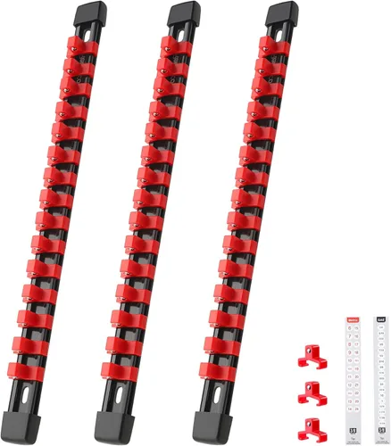 Reniteco Organizador de enchufes de 3 piezas, unidad de 3/8 pulgadas x 45 clips, soporte de enchufe de ABS resistente con tapas de extremo Rojo