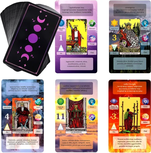 Miniatura 8 de BWTY - Juego de cartas de tarot con libro guía y 7 cartas de chakras. Tarot de aprendizaje para principiantes con significados en ellas, palabras Oro