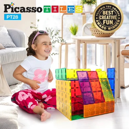 Miniatura 3 de PicassoTiles Juego combinado de 28 azulejos magnéticos + ladrillo magnético y azulejos, 12 x 9 pulgadas, 12 x 3 pulgadas, base grande de 9 x 3
