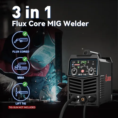 Miniatura 2 de GZ GUOZHI Soldador MIG 140A, 3 en 1 Soldador FLUX MIG/ARC/Lift TIG Soldador Mig Multiproceso, Soldador sin gas con inversor IGBT de 110V, soldadora
