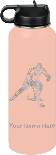 Miniatura 61 de LaserGram Botella de agua personalizada, jugador de hockey, acero inoxidable de doble pared aislada al vacío con popote superior, regalo grabado