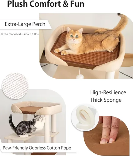 Miniatura 5 de Árbol para gatos para gatos grandes, torre moderna amigable para gatos mayores con estantes anchos, postes rascadores de algodón, base súper