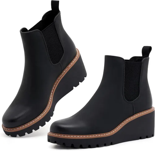 Miniatura 6 de vodvob Botas de tobillo para mujer, botines de tacón de cuña elásticos con plataforma Chelsea sin cordones y suela de lengüeta