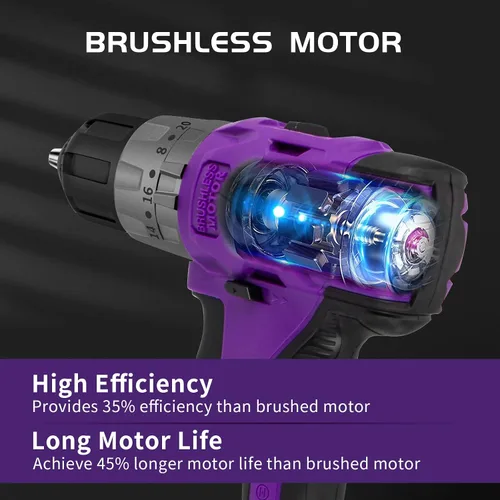 Miniatura 2 de Juego de taladro inalámbrico sin escobillas morado, kit de controlador de potencia compacto de 20 V con motor eléctrico, ajuste de par de 20+3, 48