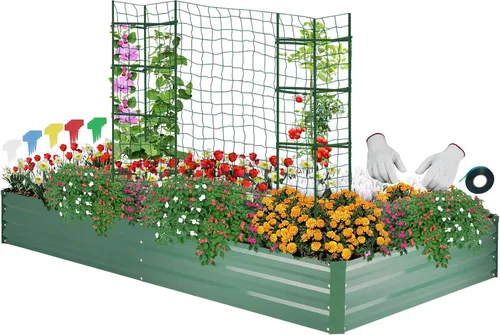 Miniatura 11 de ONCEMORE Cama de jardín elevada galvanizada para verduras, flores, hierbas, kit de cama de jardín elevada de metal con 2 jaulas de tomate, guantes