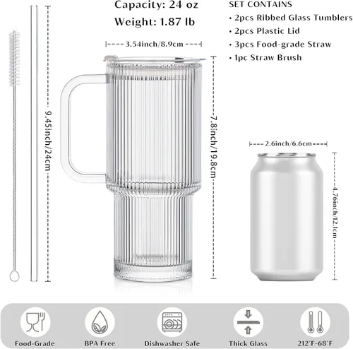 Miniatura 3 de INSETLAN Vaso de vidrio acanalado de 24 onzas con asa y tapa, paquete de 2 tazas grandes para café helado con pajitas, taza de vidrio moderna