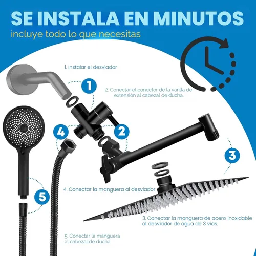 Miniatura 7 de Cabezal de ducha, cabezal de ducha de lluvia de 8" con combo de rociador de mano y brazo de extensión ajustable/regulador de flujo de 3 vías/sistema