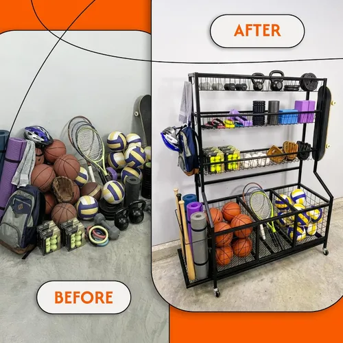 Miniatura 7 de AMPLY Organizador de equipo deportivo, estante de almacenamiento de pelotas deportivas rodantes con cubos de bolas grandes, rejilla lateral
