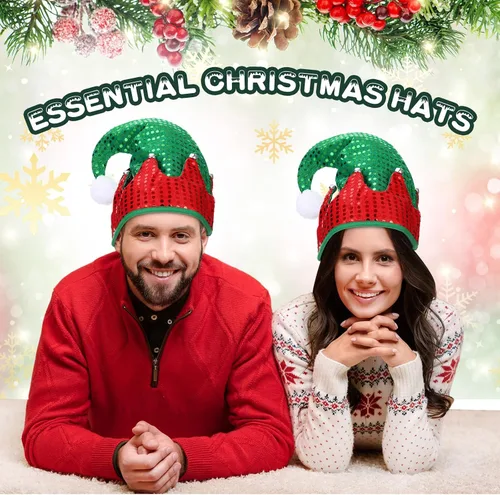 Miniatura 6 de Panitay 3 sombreros de elfo de Navidad unisex de fieltro de Papá Noel, sombrero de lentejuelas con campanas, sombrero de fieltro brillante