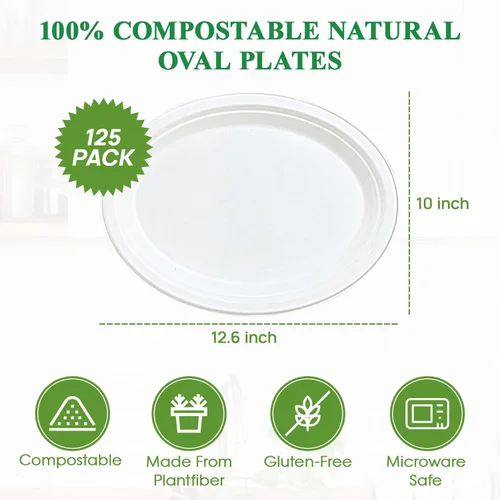 Miniatura 5 de Vplus Platos de papel 100% compostables ovalados 30 cm 125 unidades Platos de papel desechables súper resistentes de bagazo natural biodegradables