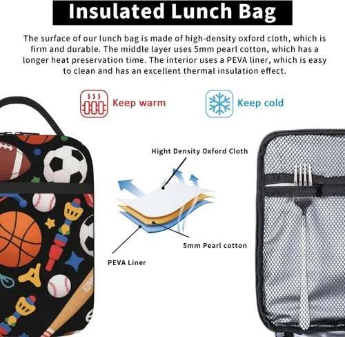 Miniatura 4 de Bolsa de almuerzo divertida para niños con pelotas deportivas, bolsa reutilizable para baloncesto, fútbol, fútbol americano y béisbol, lonchera