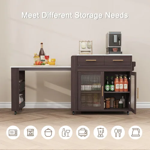 Miniatura 6 de HLR Isla de Cocina con Mesa de Comedor Extensible, Isla de Cocina con Encimera de Grano de Mármol y Enchufe Eléctrico, Carrito de Almacenamiento
