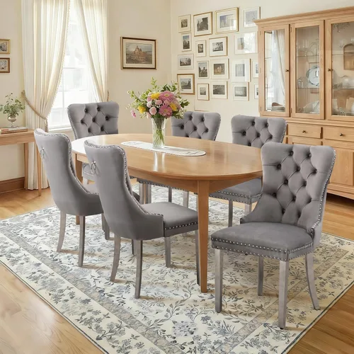 Miniatura 143 de Juego de 4 sillas de comedor de terciopelo, sillas de comedor tapizadas con ribete de cabeza de clavo y patas de madera maciza para cocina