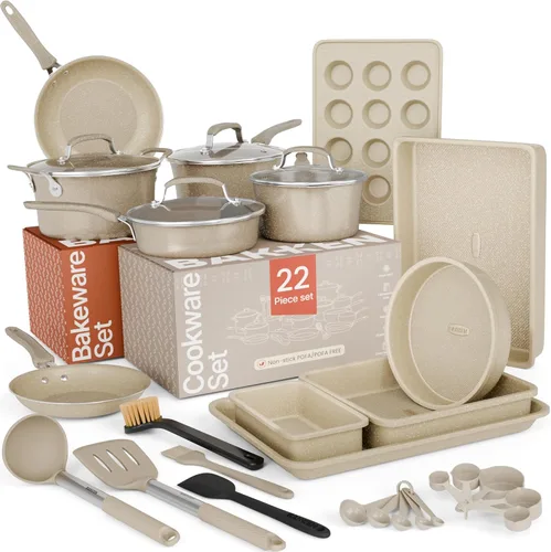 Miniatura 10 de Juego de ollas y sartenes de 22 piezas, juego de utensilios de cocina y horneado antiadherentes con patrón de cuadros, diseño apilable, apto
