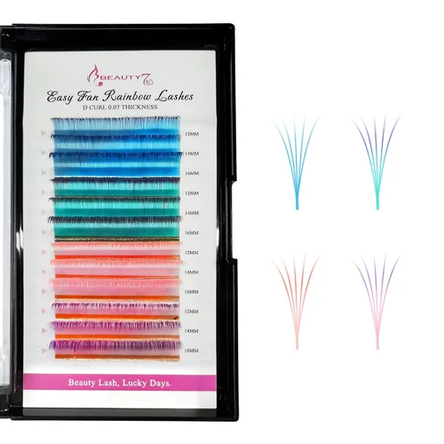 Beauty7 Extensiones de pestañas de colores degradados, pestañas de arcoíris, pestañas fáciles de abanico, pestañas autoabocables, rizo D, 0.003 in