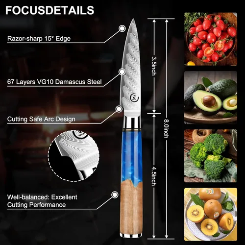 Miniatura 5 de Cuchillo de pelar de 3.5 pulgadas, cuchillo de pelar de damasco pequeño cuchillo de fruta ultra afilado Damasco VG10 Core acero con 66 capas