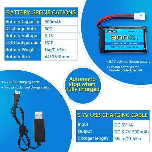 Miniatura 3 de 2 baterías Lipo de 3.7 V 800 mAh 30C con cable de carga USB, enchufe Molex para SYMA X5C X5SW H5C V931 U45W SS40 RC Drone compatible con la mayoría