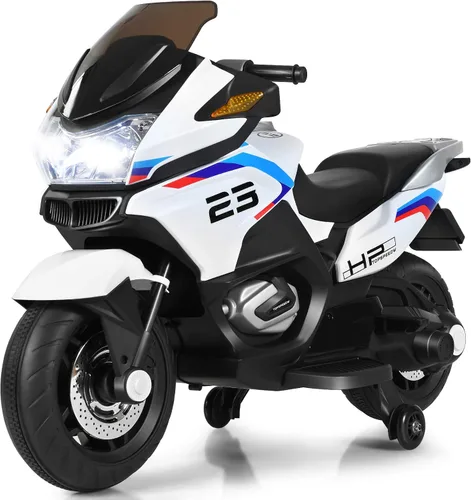 HONEY JOY Motocicleta para niños de 12 V, vehículo eléctrico a batería para niños, ruedas de entrenamiento, luces LED, pedal de pie, suspensión de