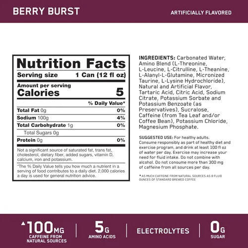 Miniatura 2 de Optimum Nutrition Amino Energy - Bebida de hidratación espumosa, electrolitos, cafeína, aminoácidos, BCAAs, sin azúcar, explosión de bayas, 12 onzas