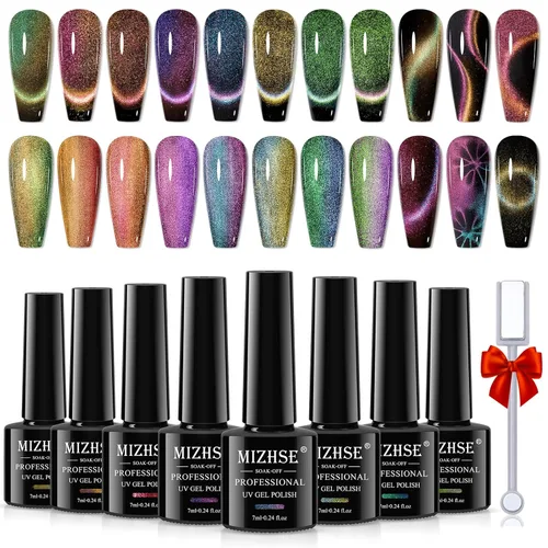 Miniatura 17 de MIZHSE - Juego de esmalte de uñas de gel de ojo de gato 9D de 8 colores, kit de esmalte de gel magnético mejorado con barra magnética, esmalte de A