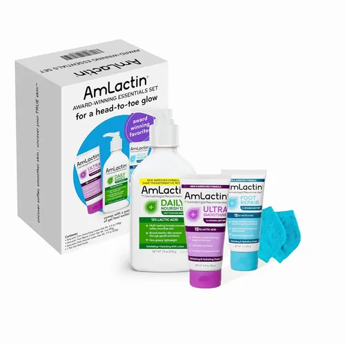 AmLactin Juego de productos esenciales para el cuidado de la piel, loción diaria nutritiva al 12%, crema ultra suavizante, crema reparadora de pies
