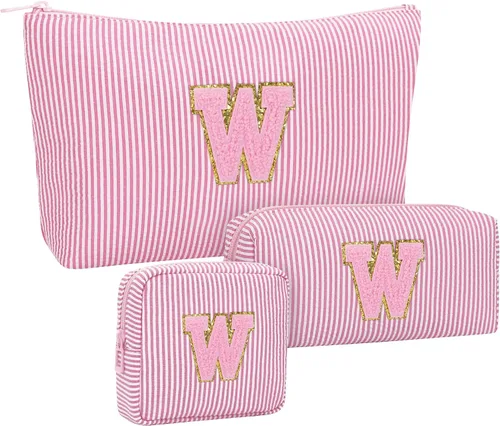 Miniatura 33 de Juego de bolsas de maquillaje con iniciales para niñas y mujeres, bolsa de cosméticos con monograma con soporte para cepillos, estuche de maquillaje