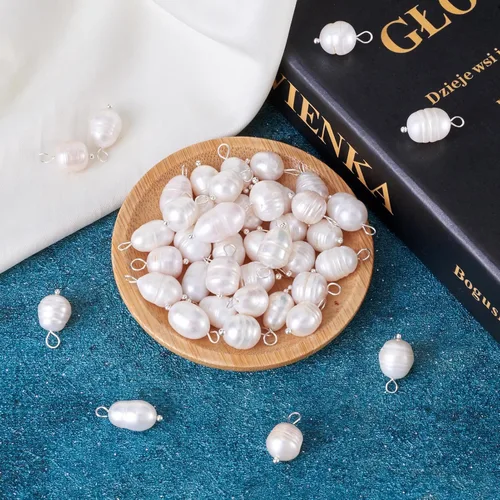 Miniatura 7 de Pandahall - 50 dijes de perlas de agua dulce plateadas, conectores colgantes de perlas naturales y eslabones en forma de arroz con lazo para mujer